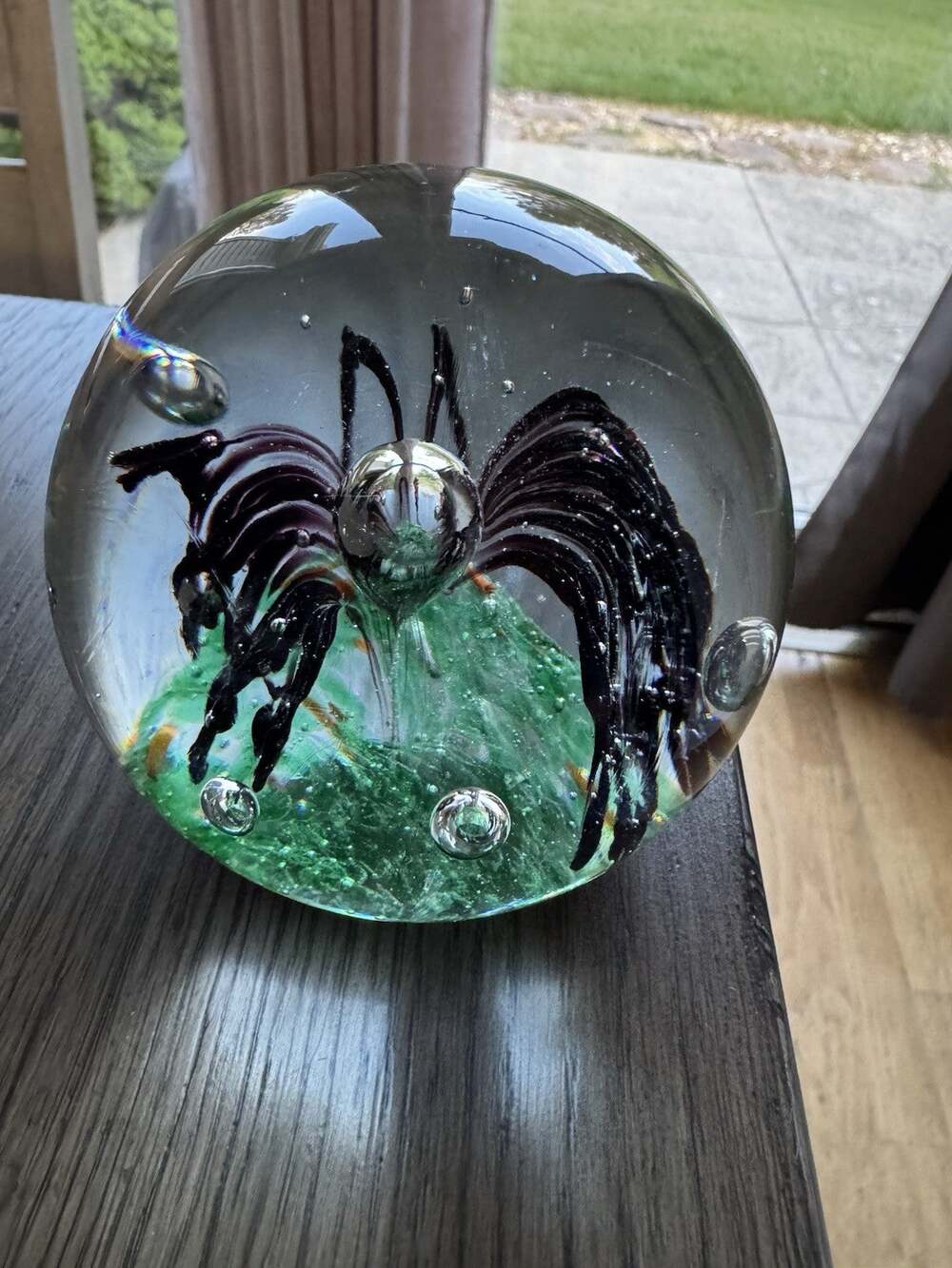 VTG Clear Glass Paperweight w/ Encased Black Butterfly Design Bullicante Bubbles